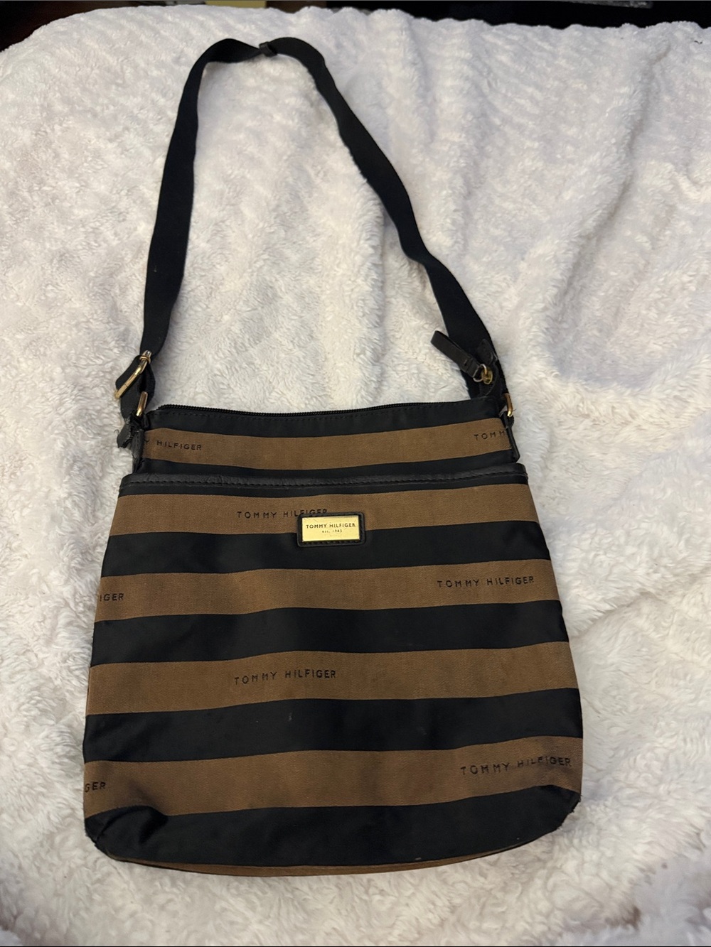 Tommy Hilfiger Black and Brown Striped Crossbody Bag